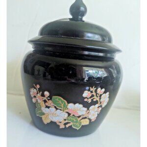 Vintage Avon Black Porcelain Lidded Ginger Jar  Floral 6" tall